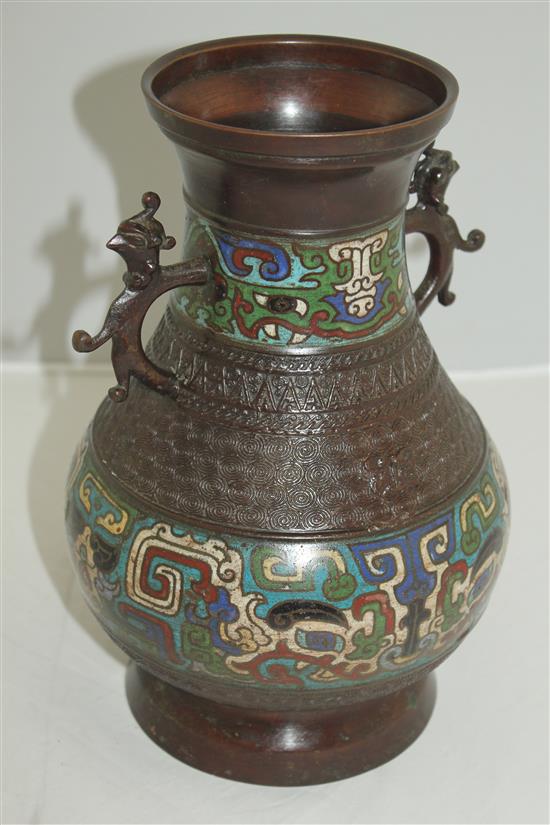 A Japanese bronze and champleve enamel baluster vase, late 19th century, 29.5cm